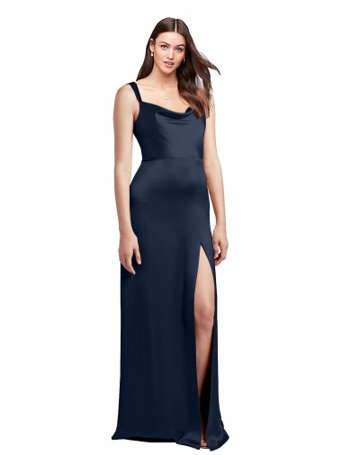 Cheap Cowl Neck Soft Long Stretch Satin Prom Dress with Side Slit and Pleated Straps