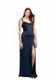 Cheap Cowl Neck Soft Long Stretch Satin Prom Dress with Side Slit and Pleated Straps