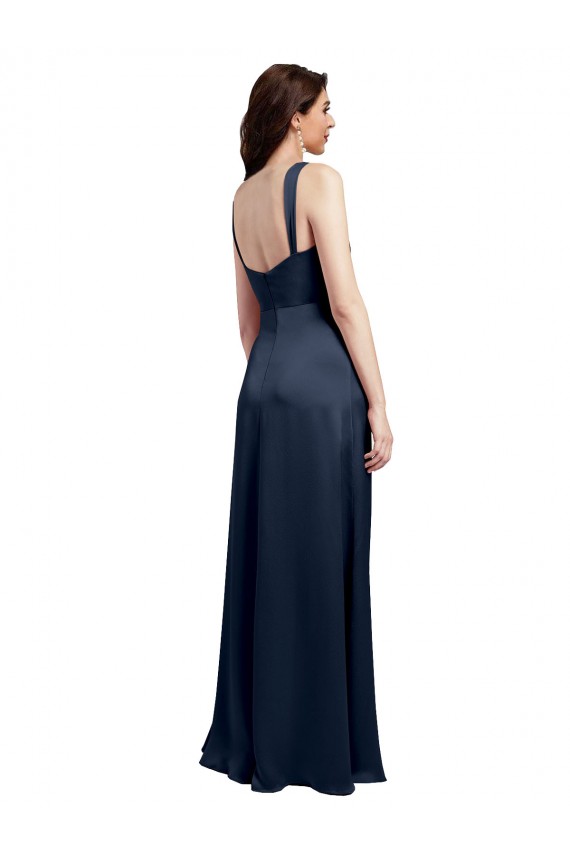 Cheap Cowl Neck Soft Long Stretch Satin Prom Dress with Side Slit and Pleated Straps