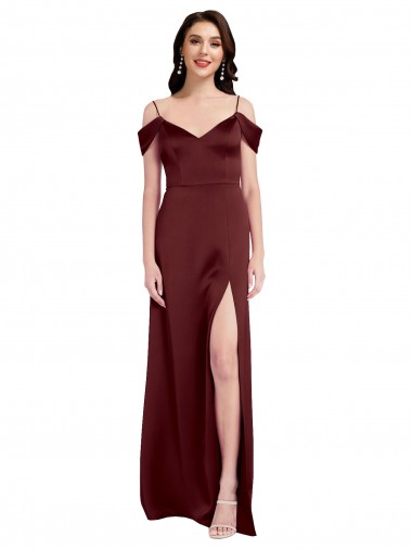 Cheap Draped Off the Shoulder Sleeves Slim A-Line Stretch Satin Prom Dress with Side Slit