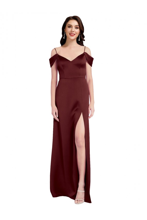 Cheap Draped Off the Shoulder Sleeves Slim A-Line Stretch Satin Prom Dress with Side Slit