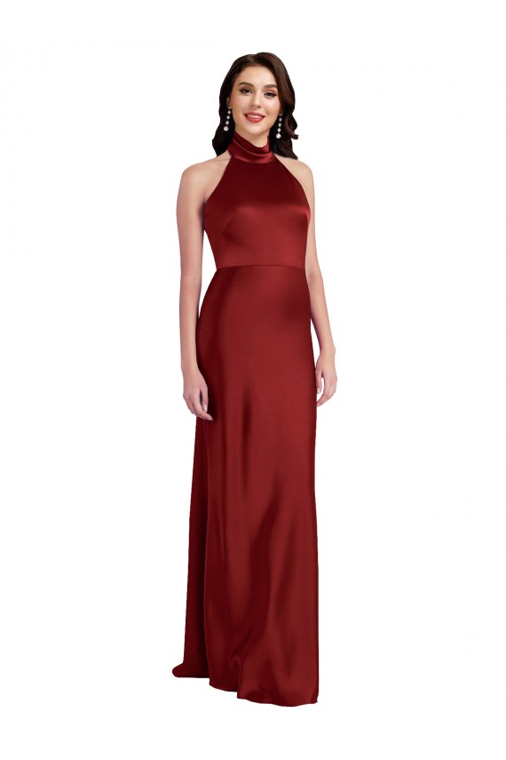 Cheap Backless Halter Long Stretch Satin Prom Dress