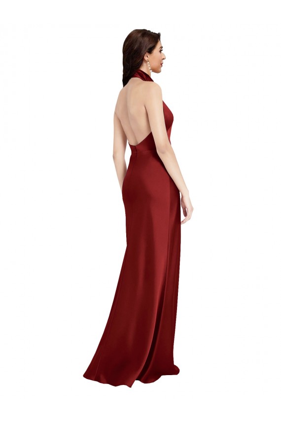 Cheap Backless Halter Long Stretch Satin Prom Dress
