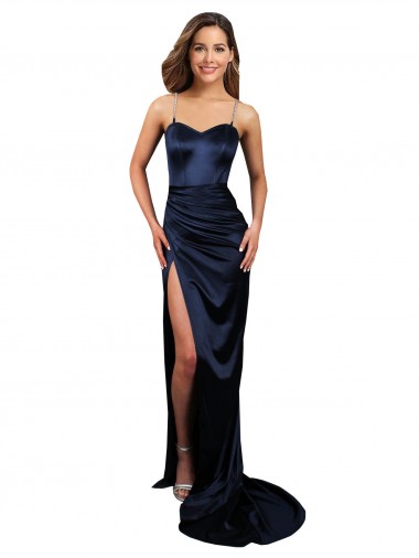 Cheap Pleated Sash Skirt Long Stretch Satin Prom Dress with High Slit
