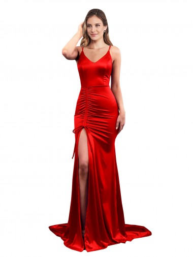 Cheap Long Pleated Stretch Satin Prom Dress with High Slit