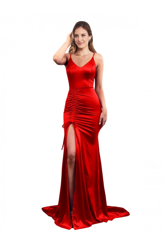 Cheap Long Pleated Stretch Satin Prom Dress with High Slit