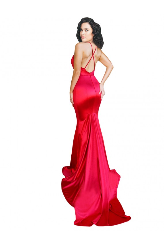 Cheap Mermaid Open Back Long Stretch Satin Prom Dress with High Slit