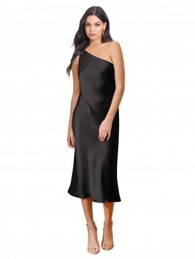 Cheap Sleek One Shoulder Midi Length Short Stretch Satin Slip Cocktail Prom Dress / Homecoming Dress