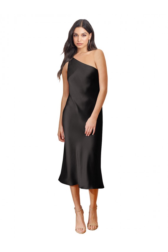 Cheap Sleek One Shoulder Midi Length Short Stretch Satin Slip Cocktail Prom Dress / Homecoming Dress