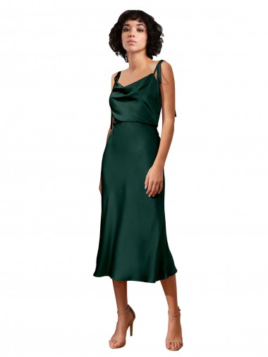 Cheap Spaghetti Straps Tie Shoulders Cowl Neck Short Midi Length Stretch Satin Cocktail Prom Dress / Homecoming Dress