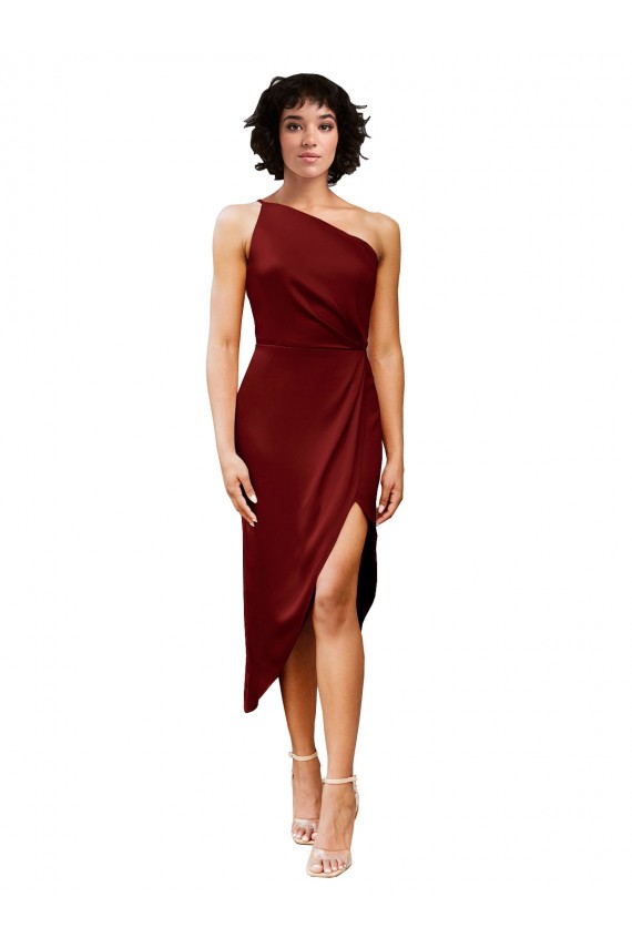 Cheap One Shoulder Midi Length Short Stretch Satin Wrap Style Cocktail Prom Dress / Homecoming Dress