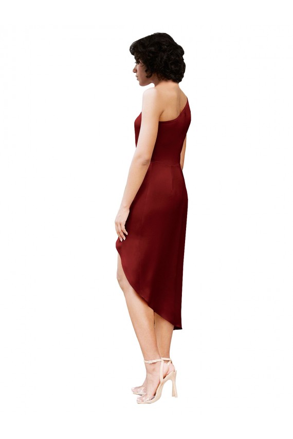 Cheap One Shoulder Midi Length Short Stretch Satin Wrap Style Cocktail Prom Dress / Homecoming Dress