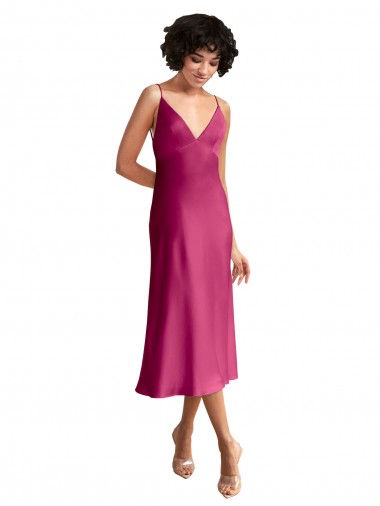 Cheap Midi Length V-Neck Short Stretch Satin Cocktail Prom Dress / Homecoming Dress with Low Scoop Back