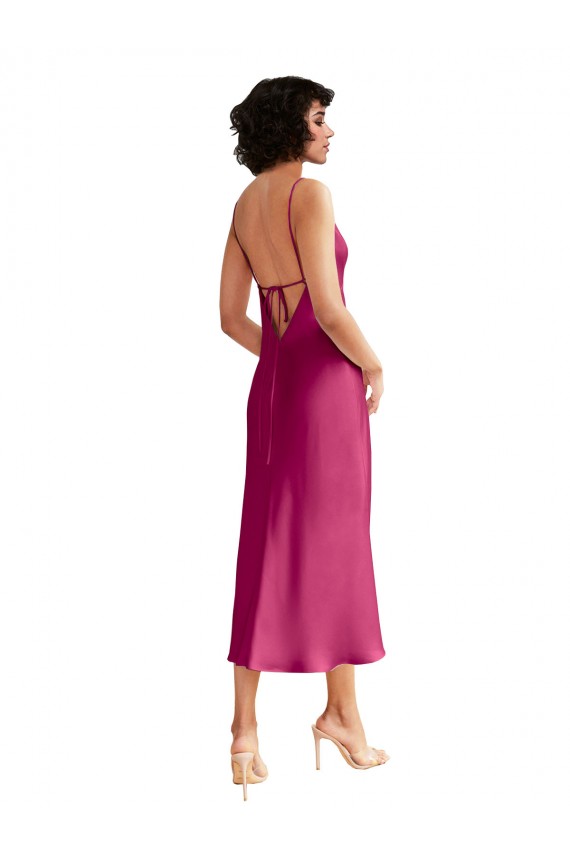Cheap Midi Length V-Neck Short Stretch Satin Cocktail Prom Dress / Homecoming Dress with Low Scoop Back