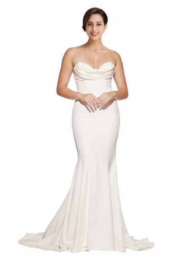 Cheap Strapless Cowl Neck Sweep Train Stretch Satin Prom Dress