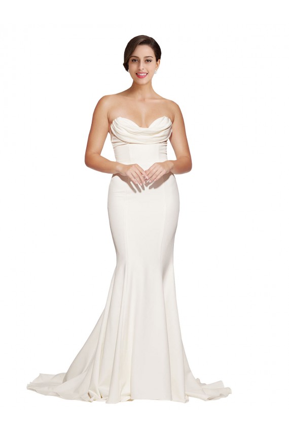 Cheap Strapless Cowl Neck Sweep Train Stretch Satin Prom Dress