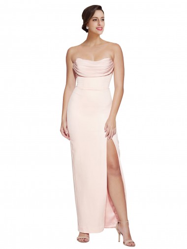 Cheap Cowl Neck Strapless Stretch Satin Prom Dress with High Split