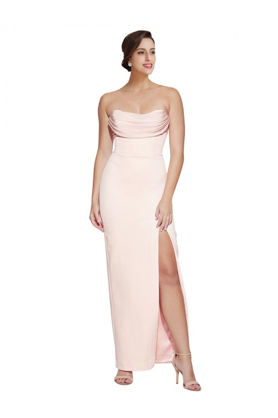 Cheap Cowl Neck Strapless Stretch Satin Prom Dress with High Split