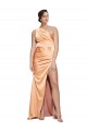 Cheap One Shoulder Ruched Stretch Satin Prom Dress with Thigh High Split