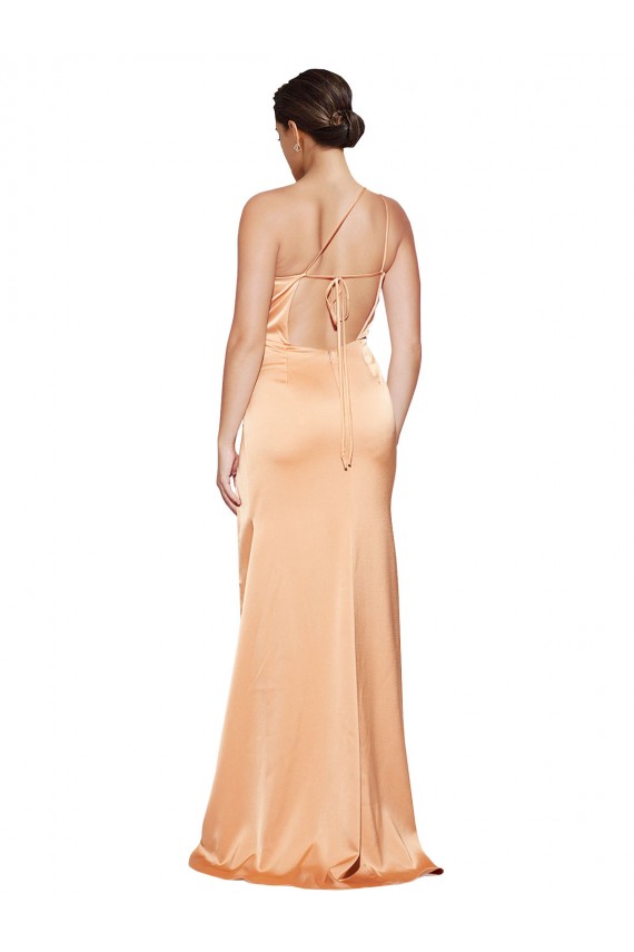 Cheap One Shoulder Ruched Stretch Satin Prom Dress with Thigh High Split