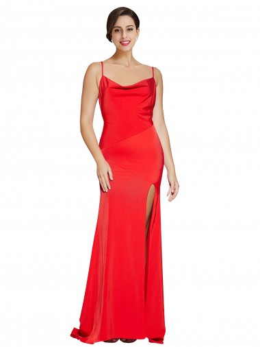 Cheap Low Back Cowl Neck Stretch Satin Prom Dress with High Side Slit