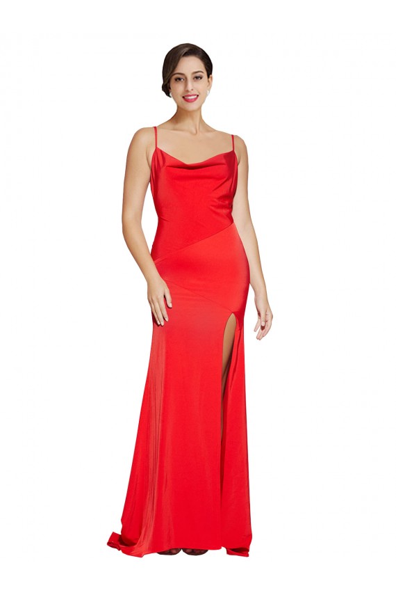 Cheap Low Back Cowl Neck Stretch Satin Prom Dress with High Side Slit