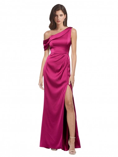 Cheap Off the Shoulder Short Sleeves Stretch Satin Prom Dress with Side Slit