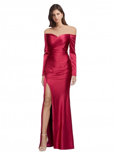 Cheap Long Sleeves Off the Shoulder Stretch Satin Prom Dress with High Side Split