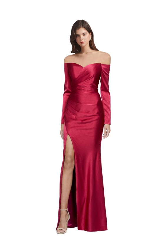 Cheap Long Sleeves Off the Shoulder Stretch Satin Prom Dress with High Side Split