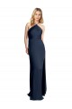 Cheap Halter Neckline Long Stretch Satin Prom Dress with Strappy Back and Side Slit
