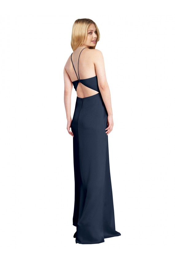 Cheap Halter Neckline Long Stretch Satin Prom Dress with Strappy Back and Side Slit