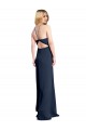 Cheap Halter Neckline Long Stretch Satin Prom Dress with Strappy Back and Side Slit