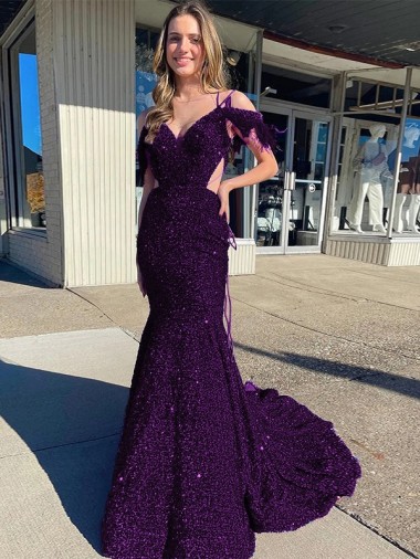 Cheap Cold Shoulder Sleeveless Long Court Train Velvet Sequin Prom Dress