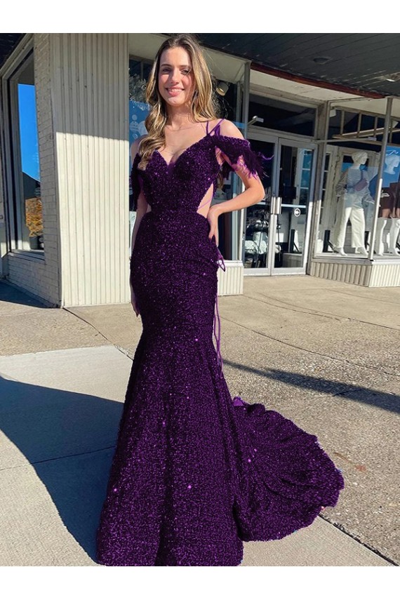 Cheap Cold Shoulder Sleeveless Long Court Train Velvet Sequin Prom Dress