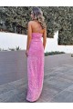 Cheap Halter Sleeveless Long Floor Length Velvet Sequin Prom Dress with Slit