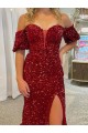 Cheap Off the Shoulder Short Sleeves Long Floor Length Velvet Sequin Prom Dress with High Slit