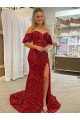 Cheap Off the Shoulder Short Sleeves Long Floor Length Velvet Sequin Prom Dress with High Slit