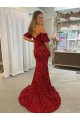 Cheap Off the Shoulder Short Sleeves Long Floor Length Velvet Sequin Prom Dress with High Slit