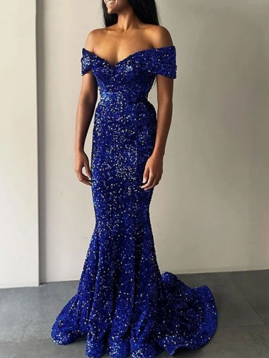 Cheap Mermaid Off the Shoulder Sleeveless Long Sweep Train Velvet Sequin Prom Dress