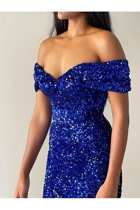 Cheap Mermaid Off the Shoulder Sleeveless Long Sweep Train Velvet Sequin Prom Dress