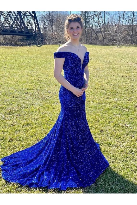 Cheap Off the Shoulder Sleeveless Long Sweep Train Velvet Sequin Prom Dress