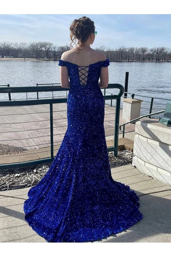 Cheap Off the Shoulder Sleeveless Long Sweep Train Velvet Sequin Prom Dress
