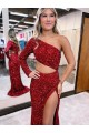 Cheap Mermaid One Shoulder Long Sleeves Long Sweep Train Velvet Sequin Prom Dress with High Slit