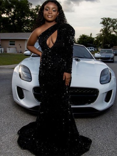 Cheap One Shoulder Long Sleeves Long Sweep Train Velvet Sequin Prom Dress