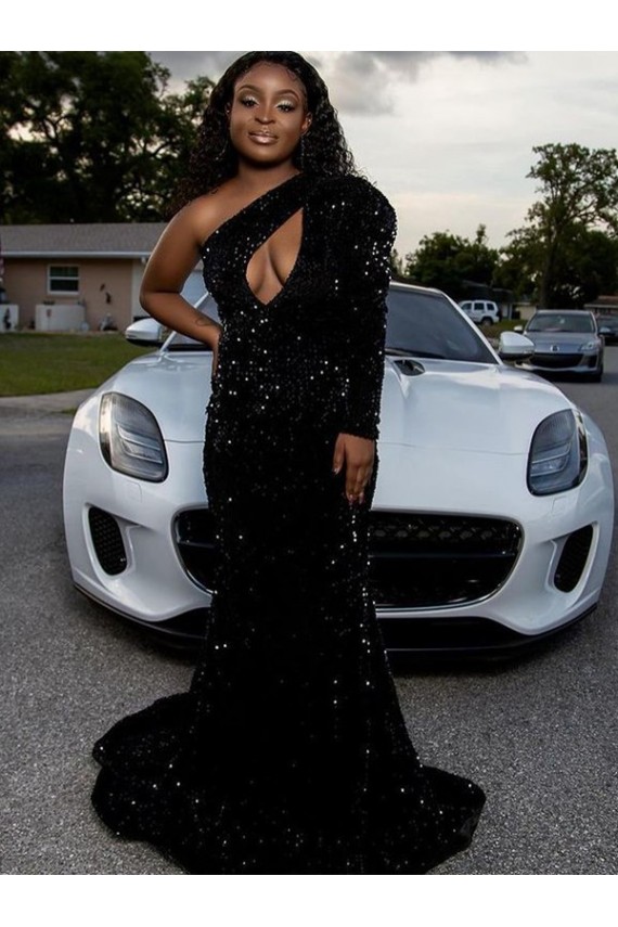 Cheap One Shoulder Long Sleeves Long Sweep Train Velvet Sequin Prom Dress