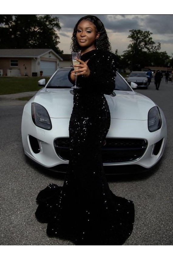 Cheap One Shoulder Long Sleeves Long Sweep Train Velvet Sequin Prom Dress