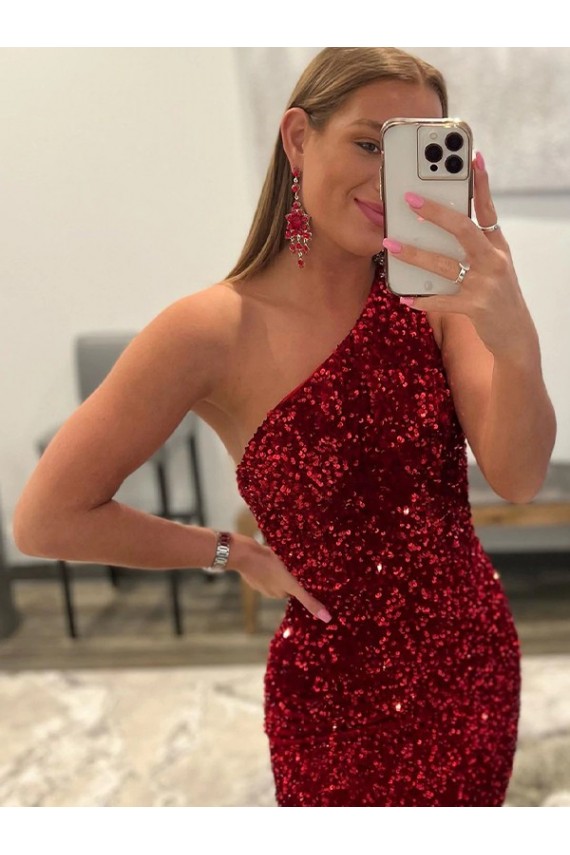 Cheap Open Back One Shoulder Sleeveless Long Sweep Train Velvet Sequin Prom Dress