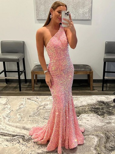Cheap Open Back One Shoulder Sleeveless Long Sweep Train Velvet Sequin Prom Dress