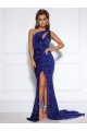 Cheap Mermaid One Shoulder Sleeveless Long Court Train Velvet Sequin Prom Dress with Slit