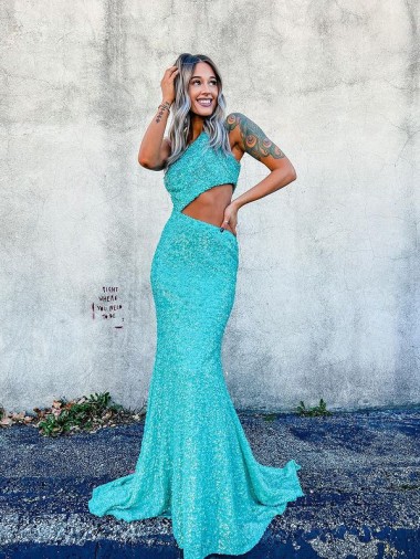 Cheap Mermaid One Shoulder Sleeveless Long Sweep Train Velvet Sequin Prom Dress